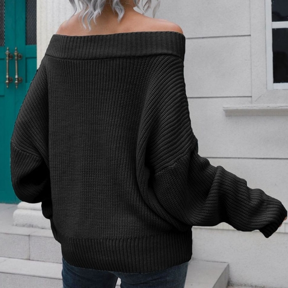 Off-Shoulder Comfort Ribbed Sweater - Black - Picture 3 of 4